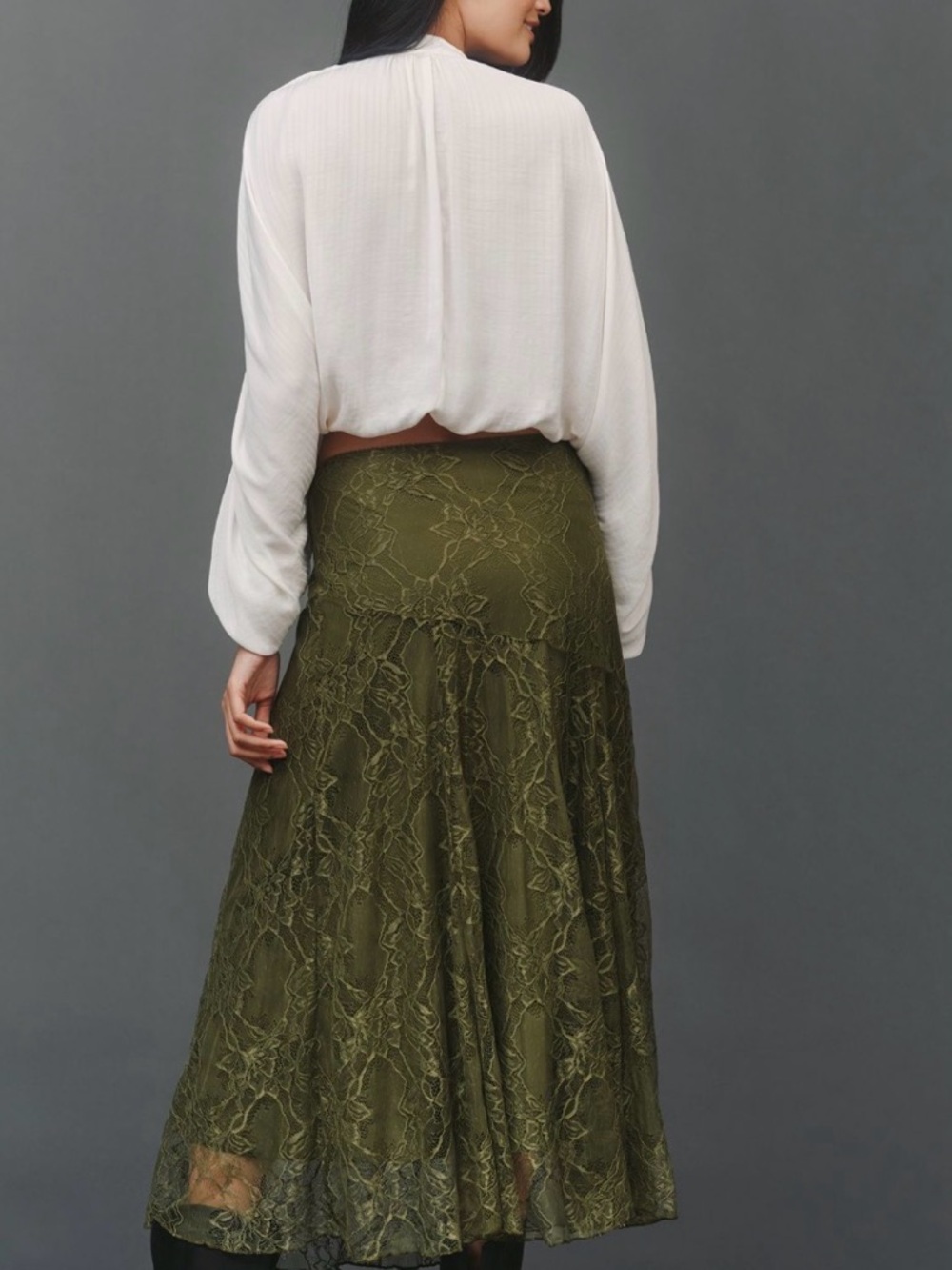 Anthropologie green Lace A-Line Midi Skirt with Floral Overlay - Picture 3 of 3